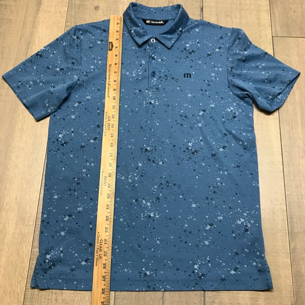 Travis Mathew Polo Shirt Mens Size M Blue Splatter Short Sleeve Golf Performance - Picture 9 of 11